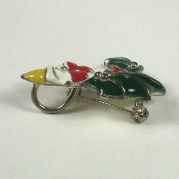 Christmas Brooch Candle Silvertone Enamel Pin Holly Pendant Candlestick 1 in - Picture 3 of 4